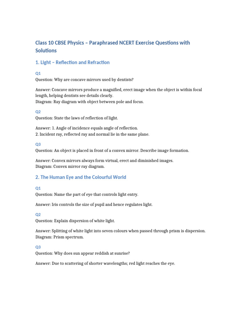 Class 10 Physics All Chapters Paraphrased Exercises | PDF | Light | Mirror
