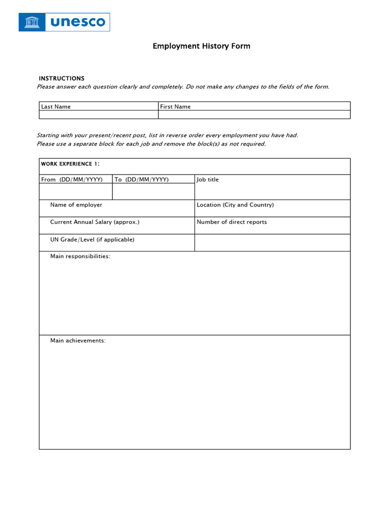 UNESCO Employment History Form | PDF