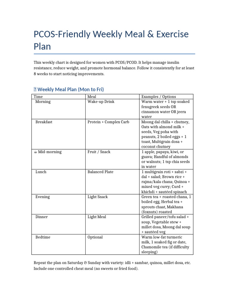 PCOS_Meal_Exercise_Chart_Sowmiya_Updated | PDF | Meal | Salad