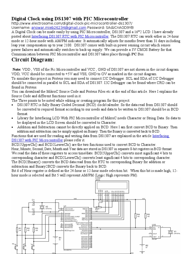 Circuit Diagram:: Digital Clock Using DS1307 With PIC Microcontroller ...