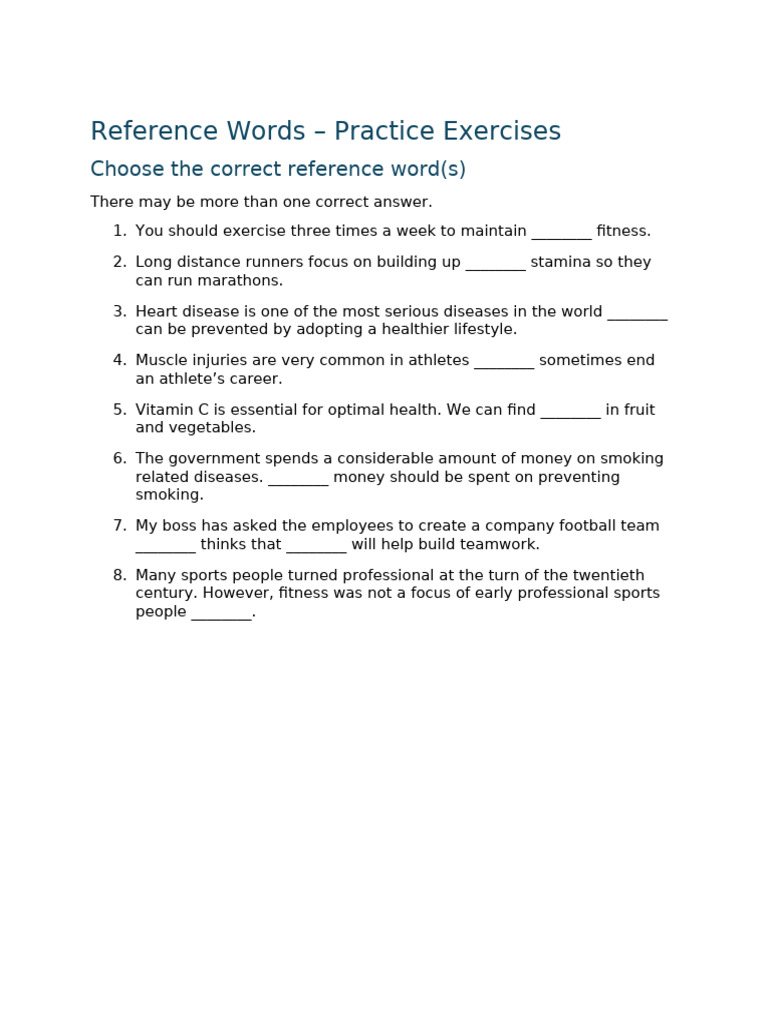 Reference Words Exercises | PDF