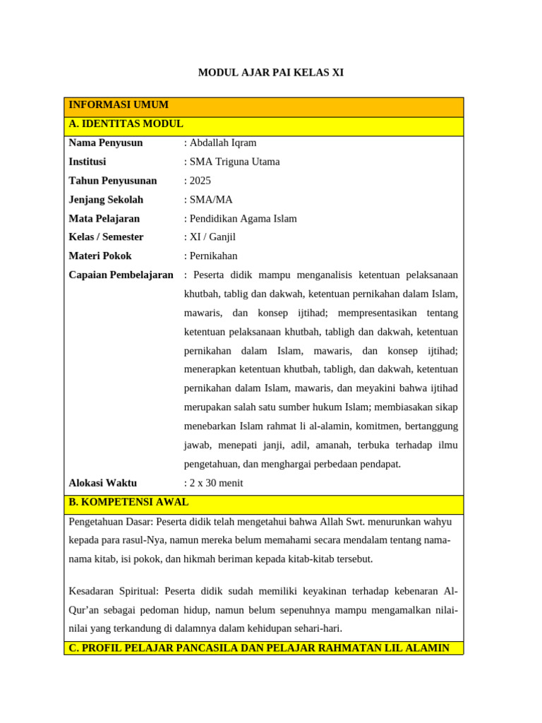 Modul Ajar Pai Kelas Xi Abdallah Iqram | PDF