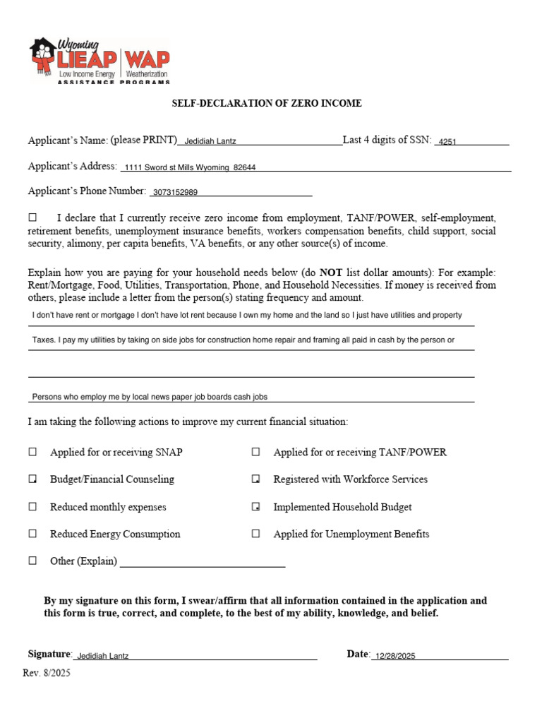 2025.2026 LIEAP Self Declaration of Zero Income | PDF