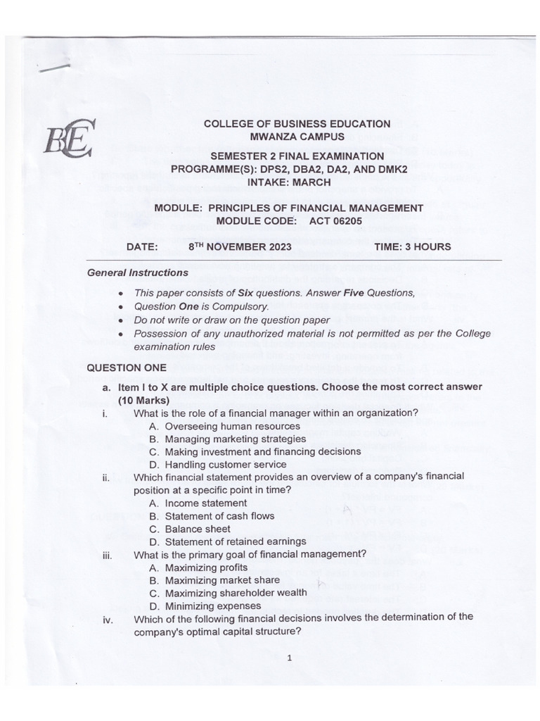 Principles of Financial Management Dps2, DBA 2, Da2, & Dmk2 March 2023 ...