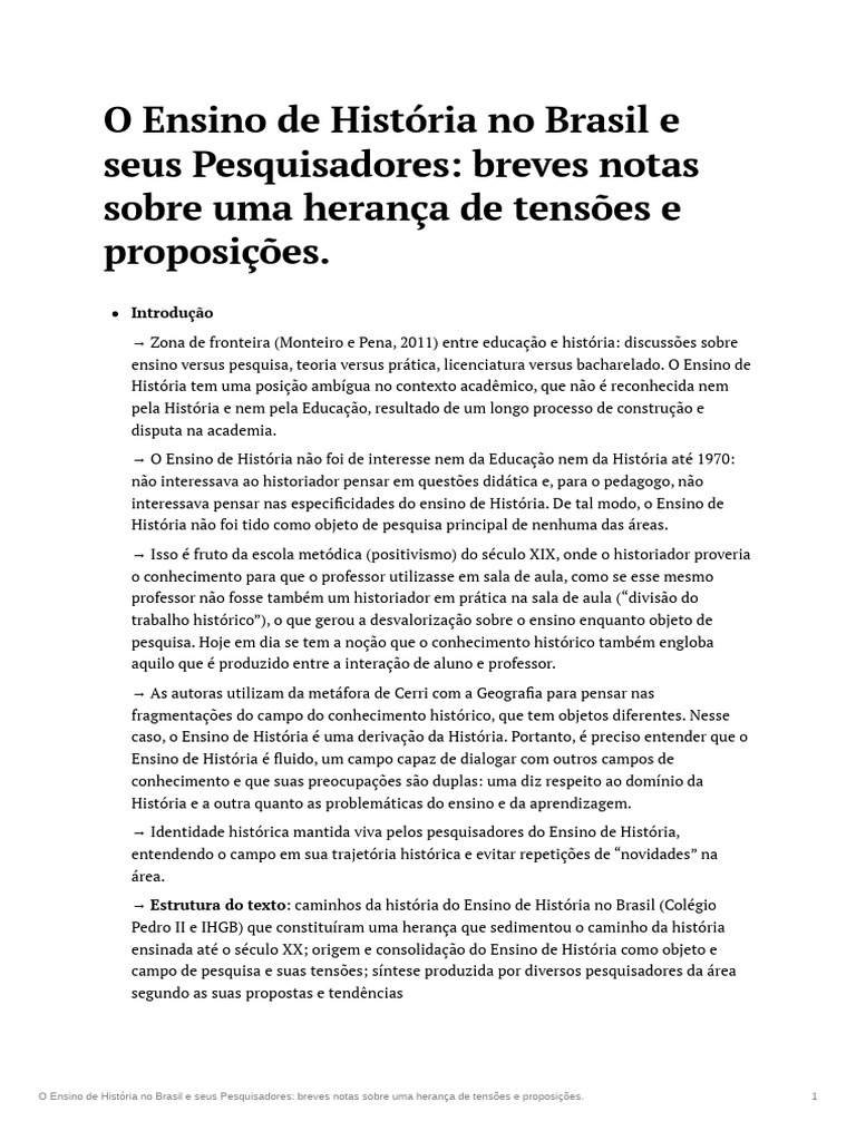 O Ensino de Histria No Brasil e Seus Pesquisadores Breves Notas Sobre ...