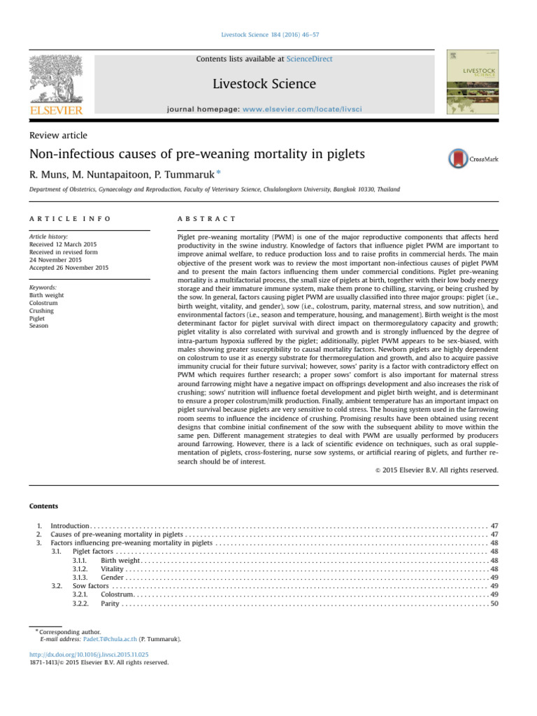 Muns (2016) Non-infectious causes of pre-weaning mortality in piglets ...