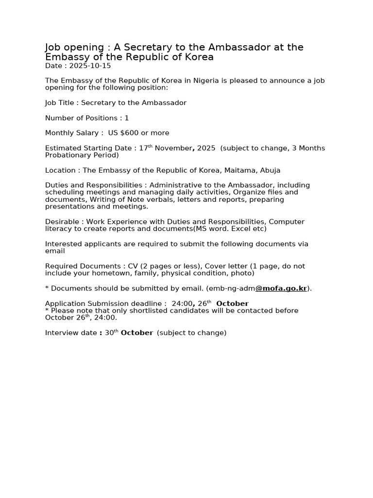 (251015) Embassy's Job Opening Notice_Secretary (1) | PDF
