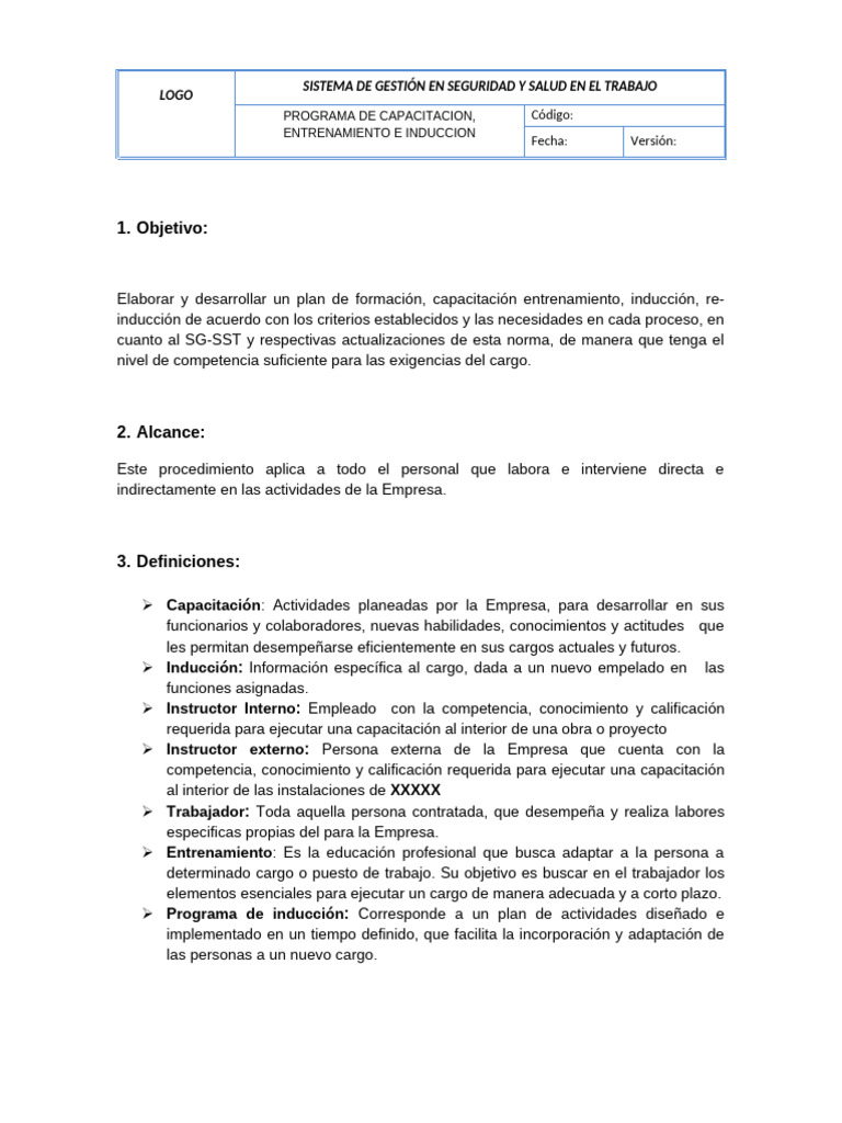 Programa de Capacitación Entrenamiento e Inducción. | PDF | Business ...