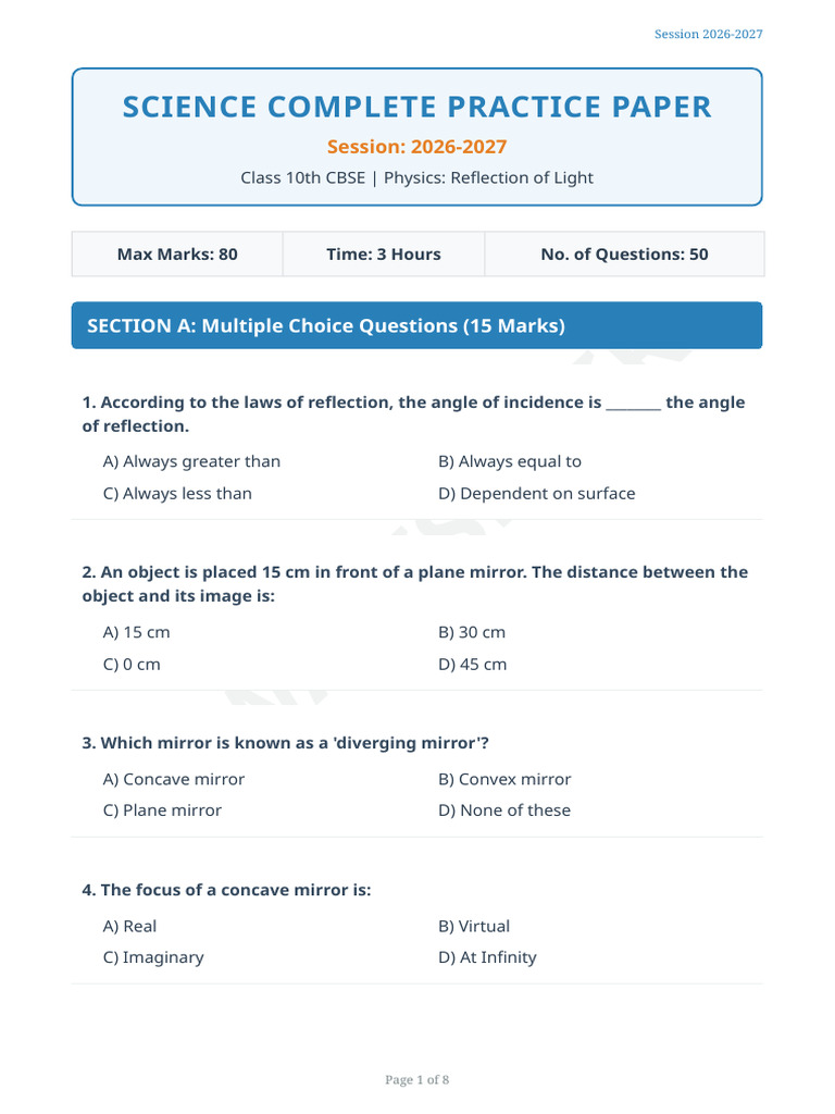 Class 10 Science Practice Paper Full 2026-27 | PDF