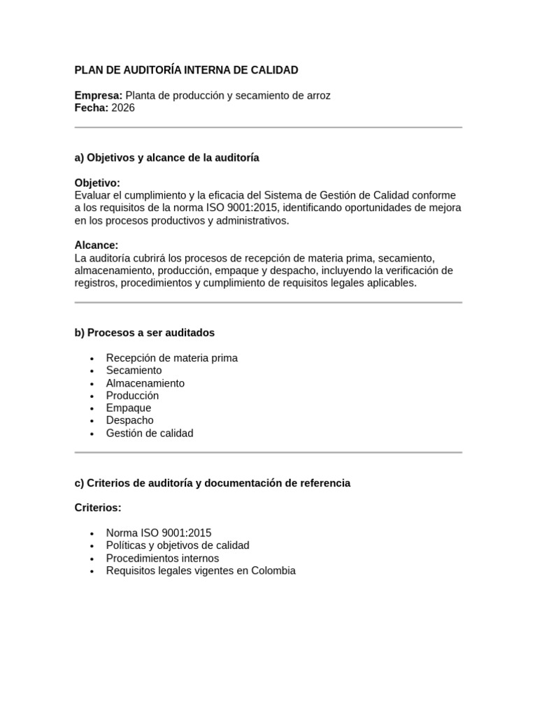 Plan de Auditoría Interna de Calidad Iso 9001 | PDF | Sistema de manejo ...