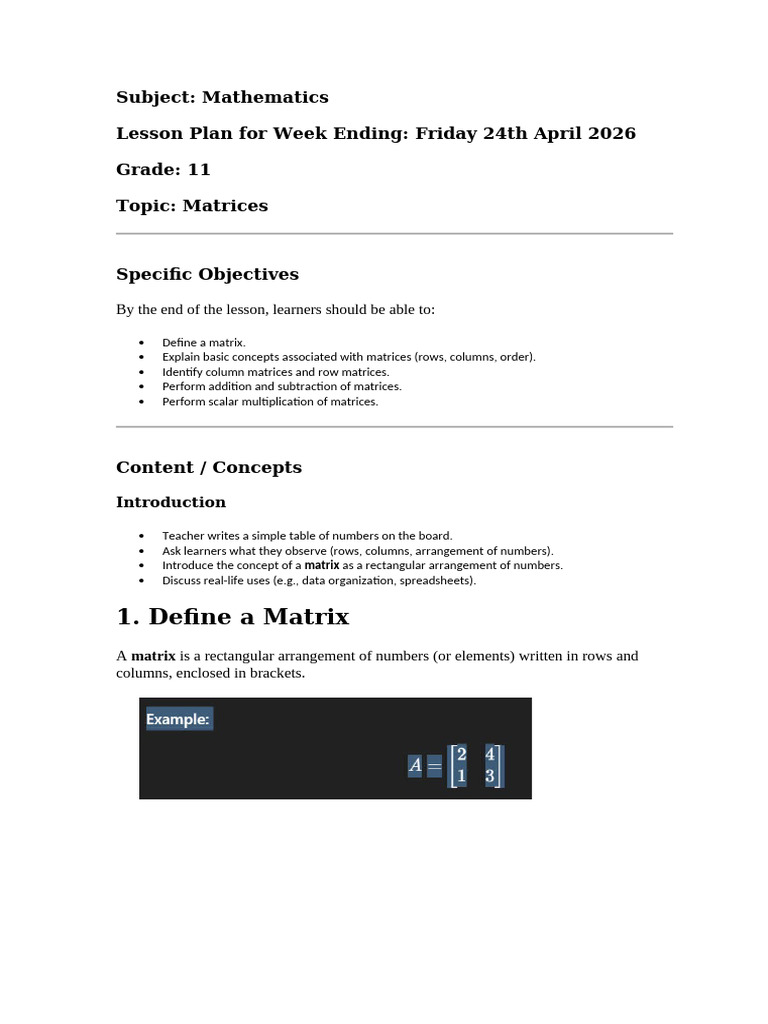 Grade 11 Lesson Plan Week 2 | PDF | Matrix (Mathematics) | Multiplication