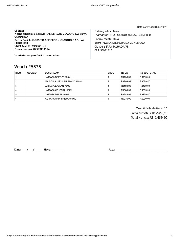 Venda 25575 - Impressão | PDF