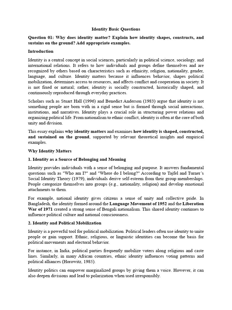 Identity Basic Questions | PDF | Identity (Social Science) | Nationalism