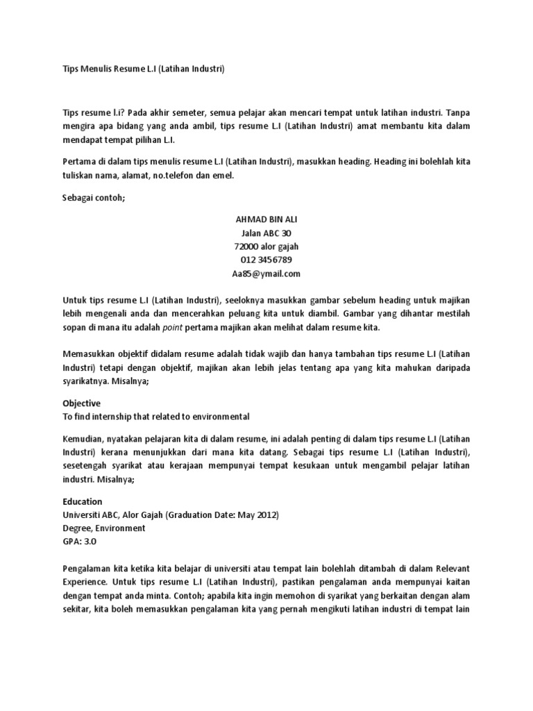 Panduan Internship Latihan Industri Resume Pdf
