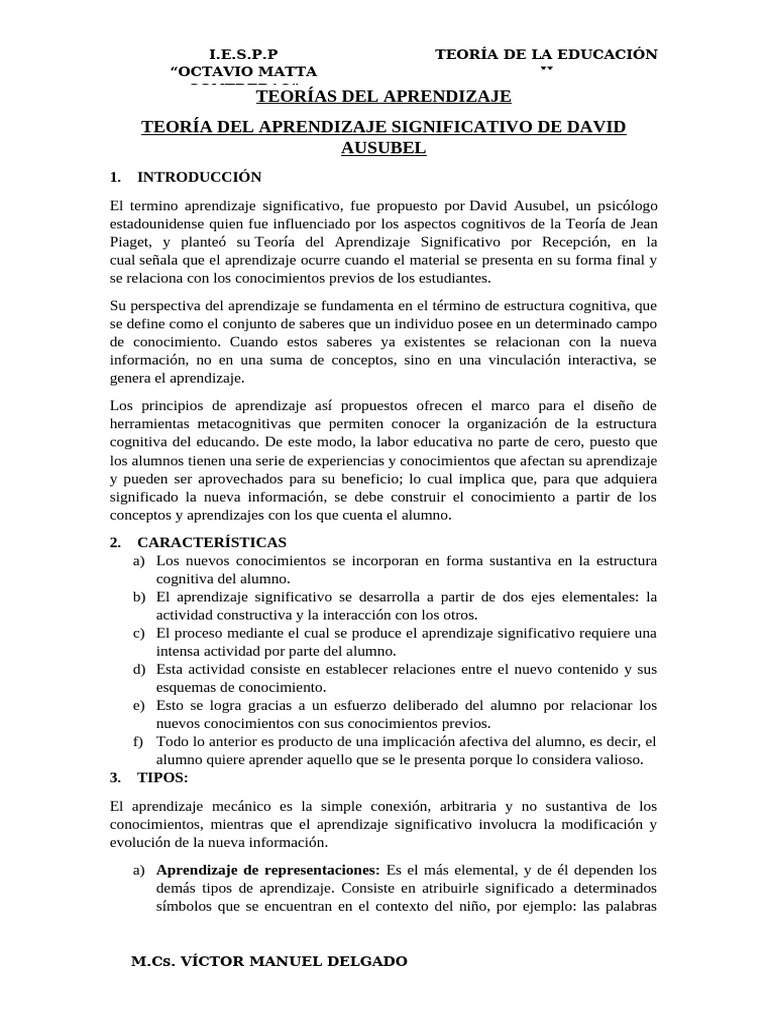 Teoría Del Aprendizaje Significativo de David Ausubel | PDF