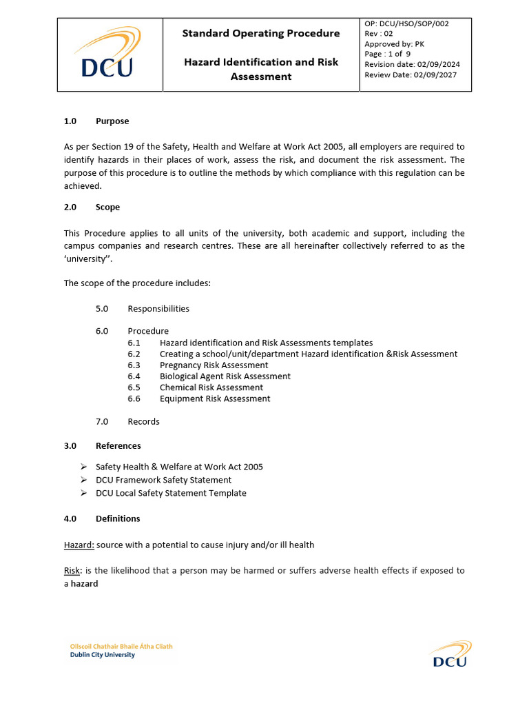 Sop 002 Hazard Identification and Risk Assessment v2 | PDF | Risk ...