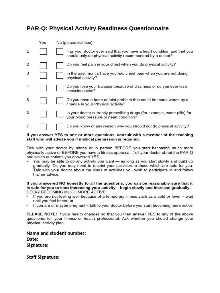 Physical Activity Questionnaire | PDF