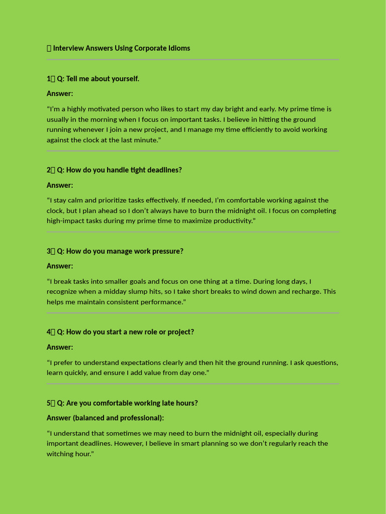 Interview Answers Using Corporate Idioms | PDF