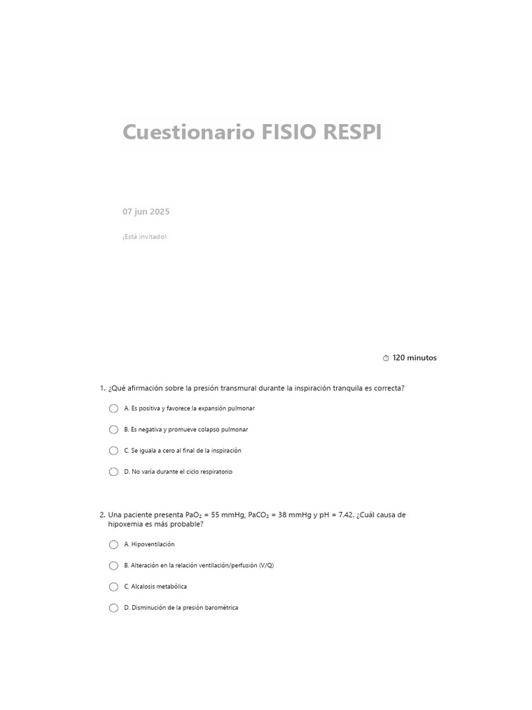 Cuestionario FISIO RESPI | PDF | Respiración | Sistema respiratorio
