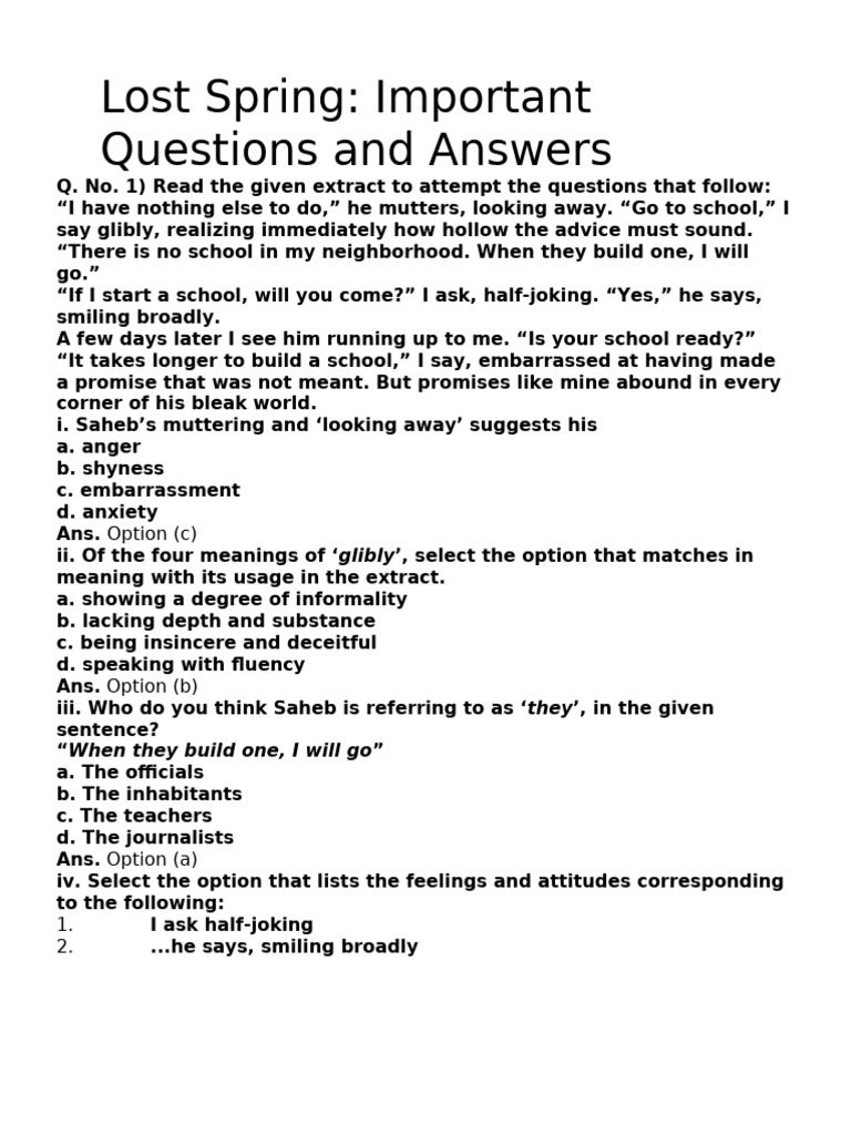 Lost Spring Important Questions and Answers | PDF | Empathy | Sympathy