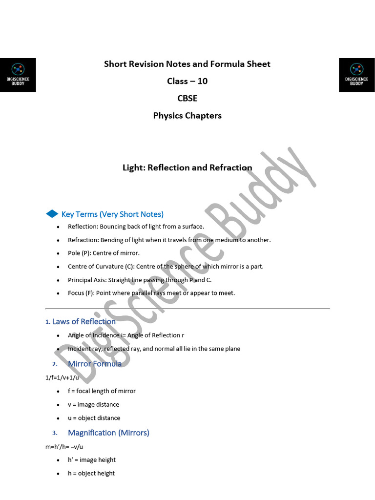 Class 10 - Ch-Light - Short Revision Notes and Formula Sheet Class ...