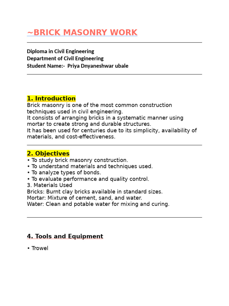 Brick Masonry Work | PDF | Masonry | Brick