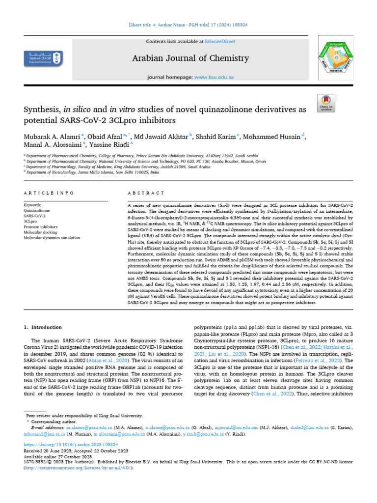 Al Amri, Obaid Afzal paper Arab J of Chemistry | PDF | Antiviral Drug ...