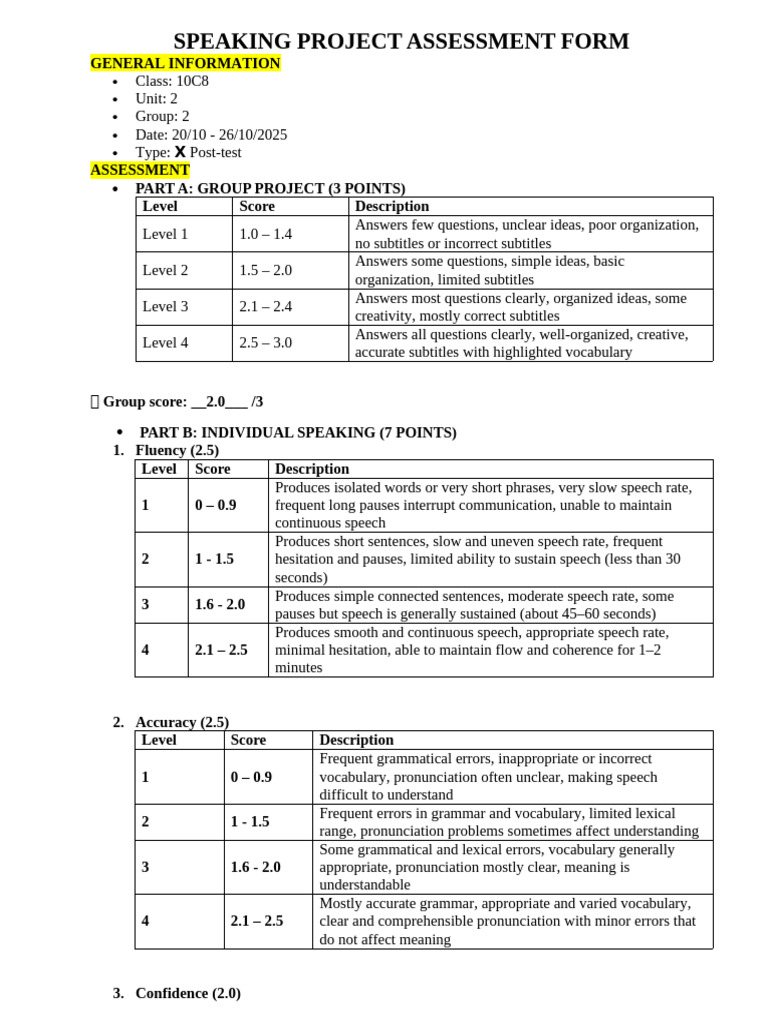 Speaking Project Assessment Form g2 Pt | PDF | Fluency | Speech