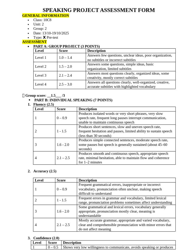 Speaking Project Assessment Form g2 | PDF | Fluency | Speech