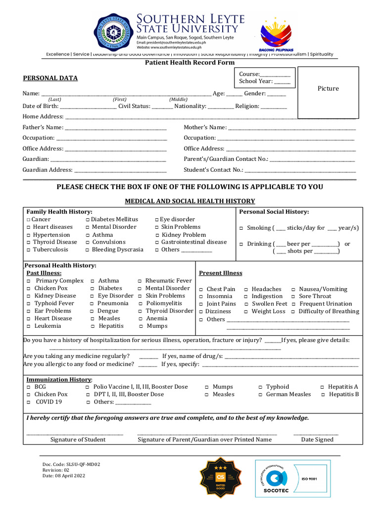 Qf Md02 Patient Health Record Form 2 | PDF | Immunology | Medical ...