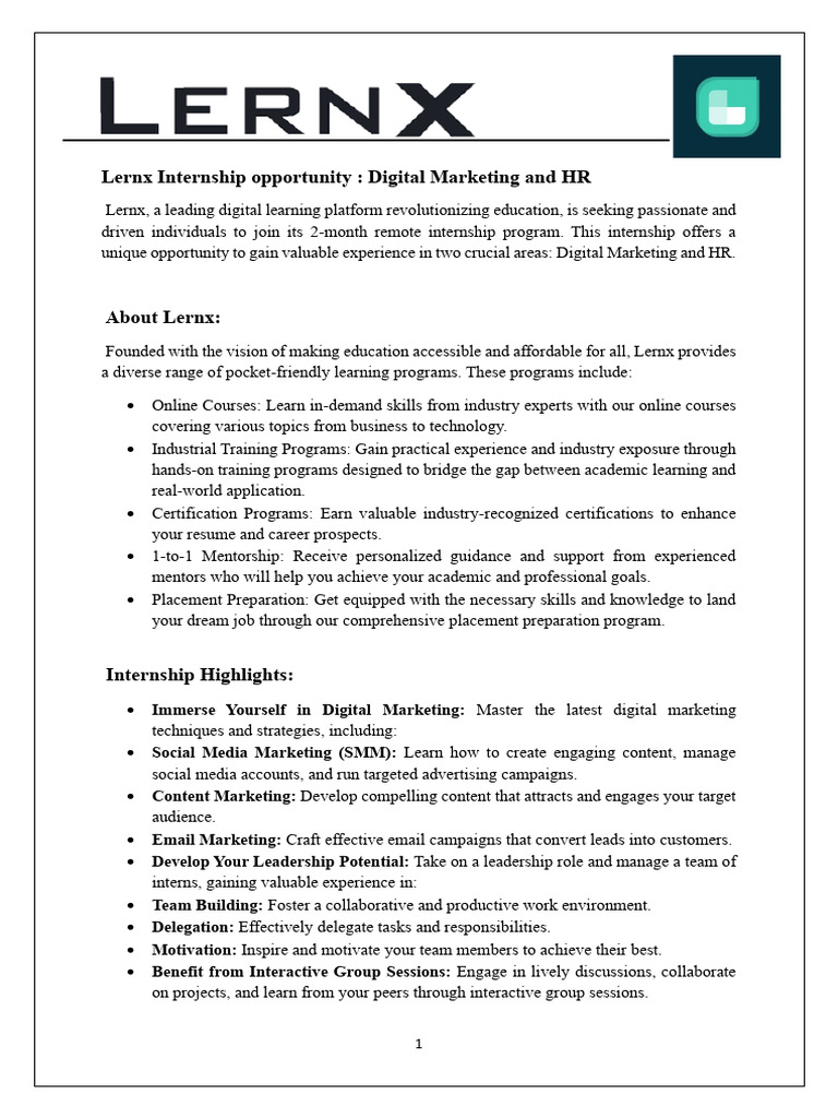 Lernx Internship Opportunity | PDF | Digital Marketing | Mentorship