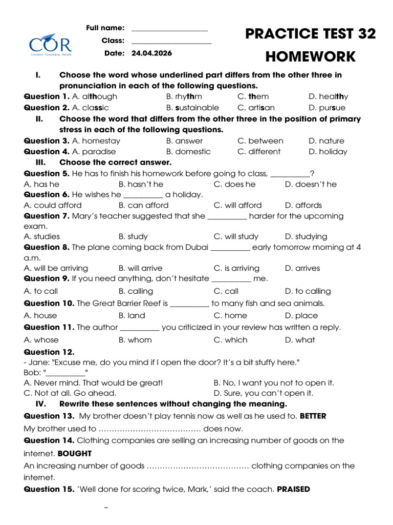 Practice Test 32 - Homework | PDF | Waste | Recycling