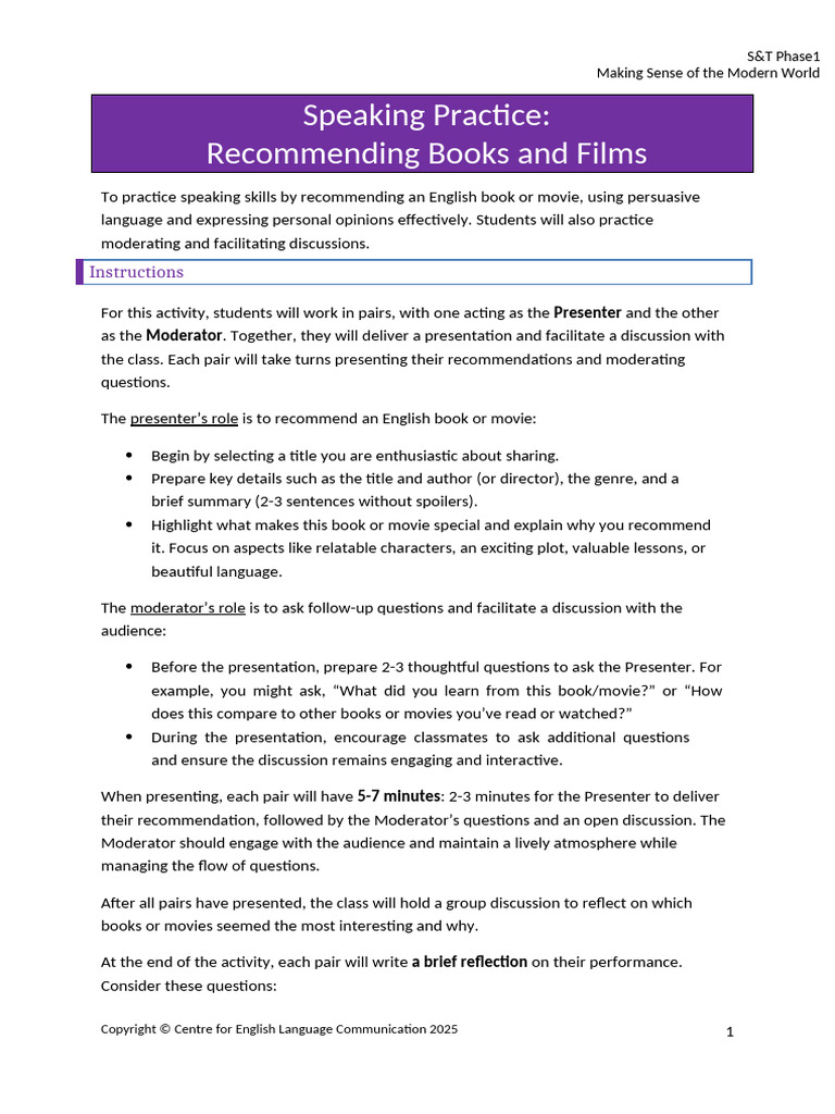 W13_Speaking Practice_Recommending Books or Films_Students | PDF ...