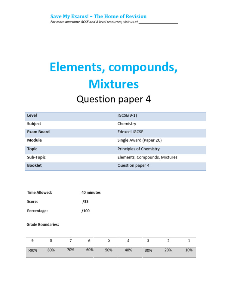 2.4- Elements Compounds Mixtures 2c - Edexcel Igcse 9-1 Chemistry Qp ...