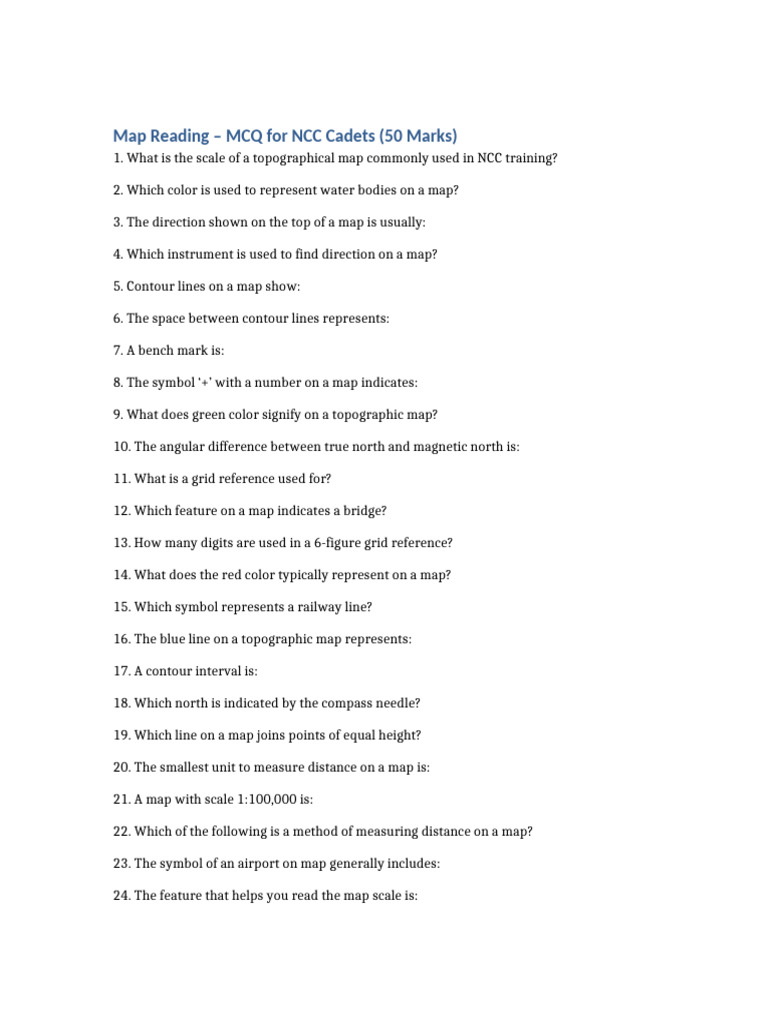 NCC Map Reading MCQ Questions | PDF | Map | Contour Line