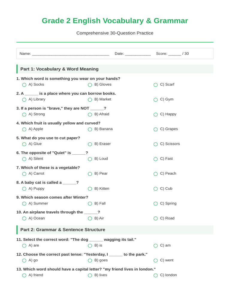 Grade 2 English 30 Questions | PDF | Linguistics