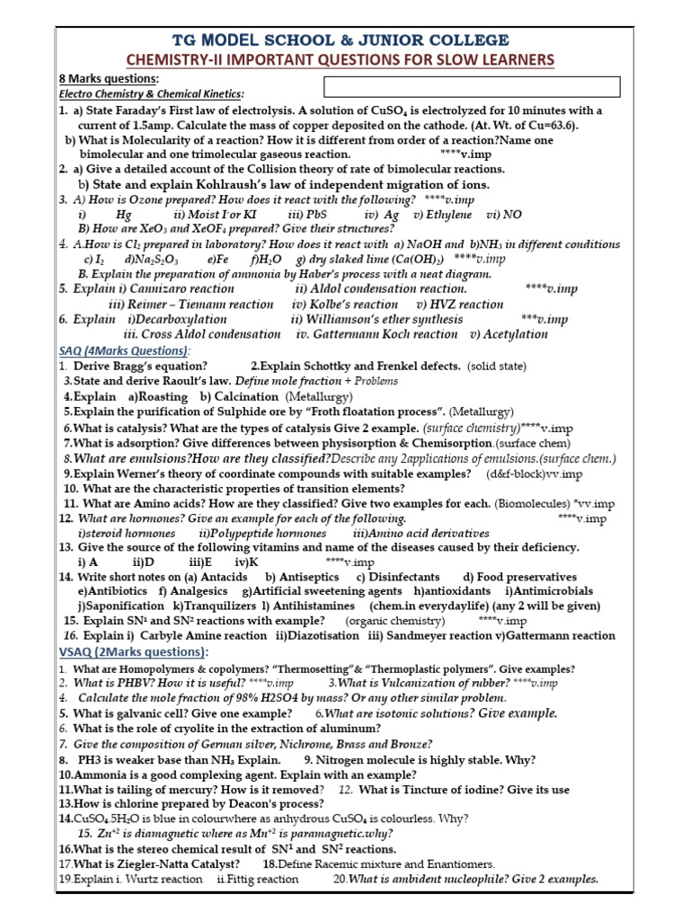 Chemistry-2 Important Questions For Slow Learners | PDF | Chemical ...