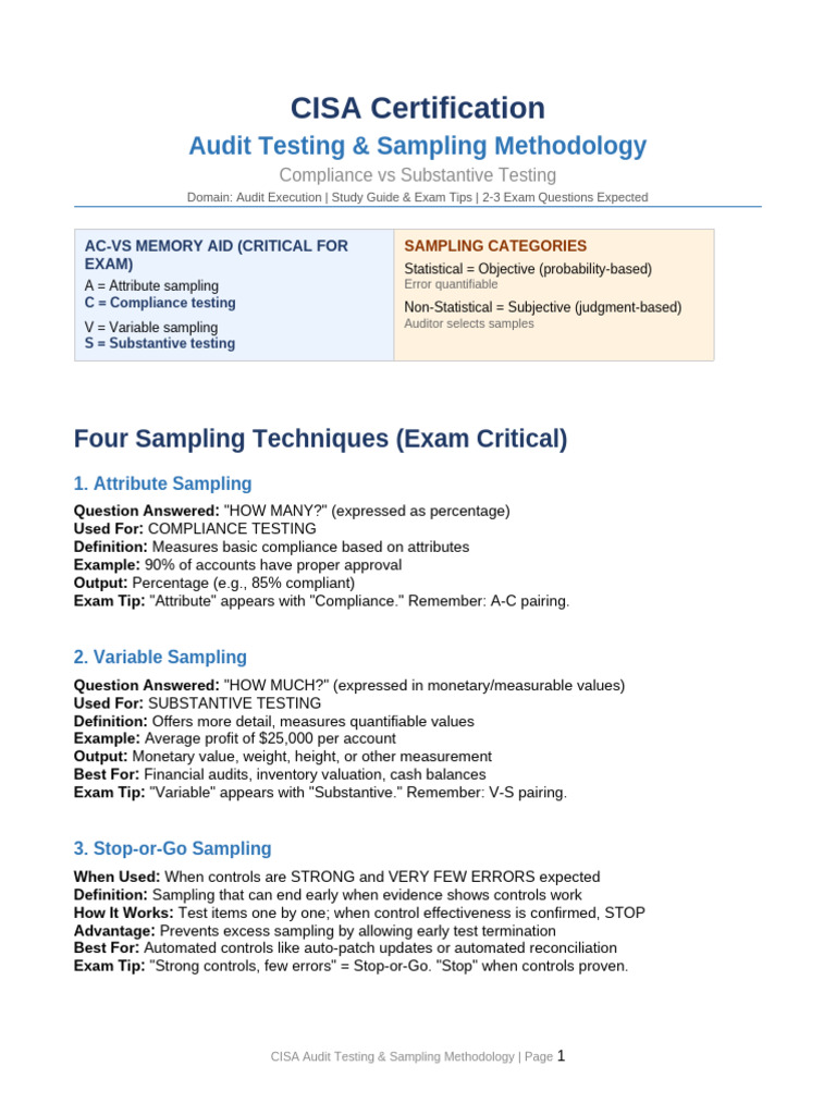 CISA Sampling Methodology CheatSheet | PDF | Sampling (Statistics) | Audit