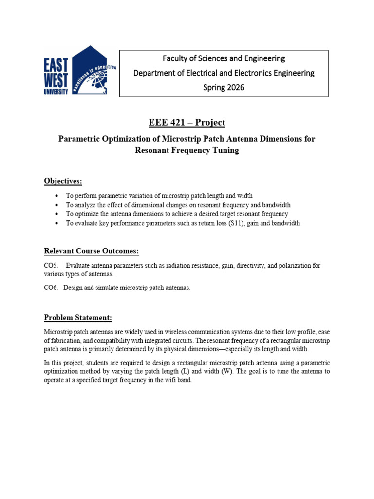 EEE 421 Spring 2026 Project | PDF | Antenna (Radio) | Bandwidth (Signal ...