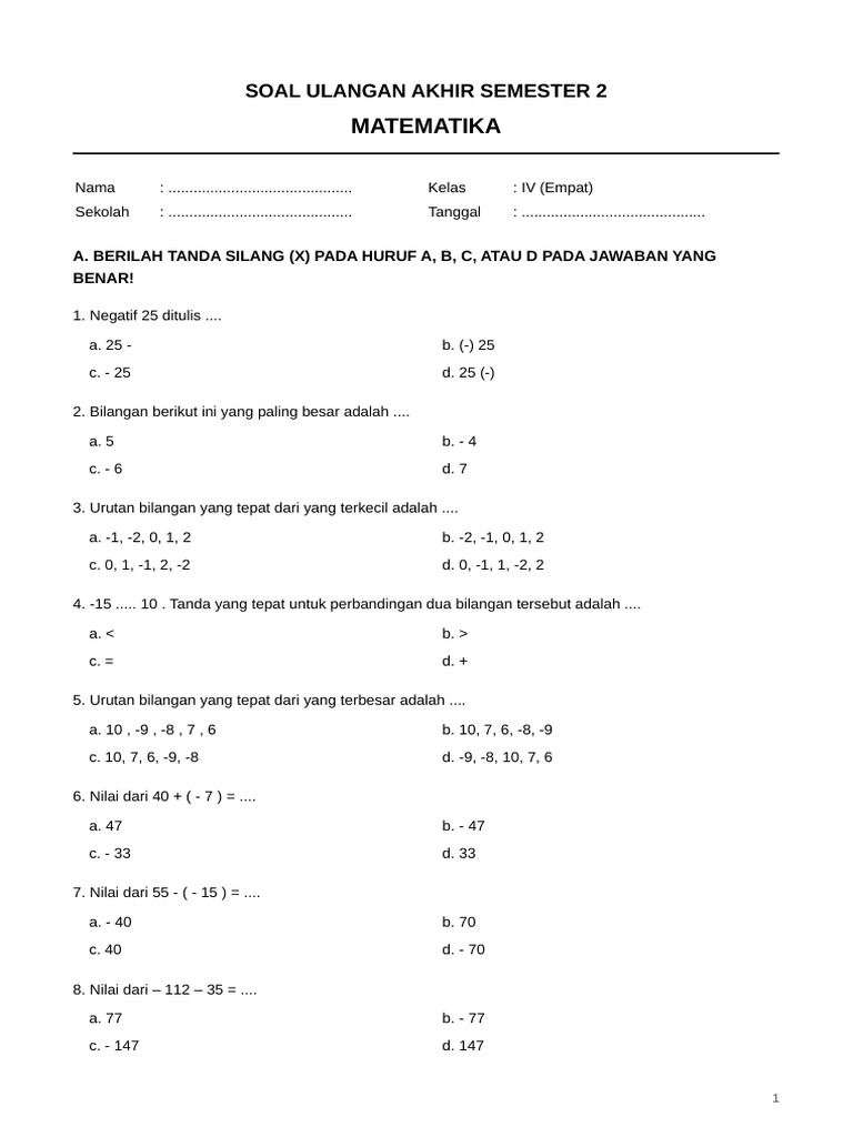 Soal UAS 2 Matematika Kelas 4 | PDF