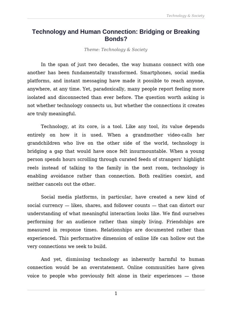 Essay 1 Technology and Human Connection | PDF | Communication | Social ...