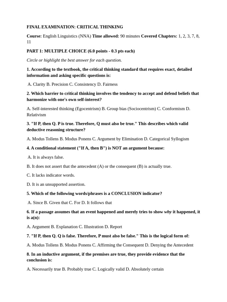 Final Examination | PDF | Argument | Deductive Reasoning