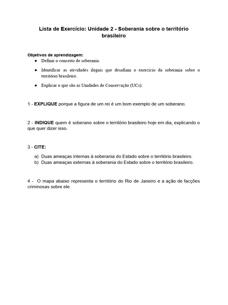 Lista de Exercício_ Unidade 2 - Soberania Sobre o Território Brasileiro ...