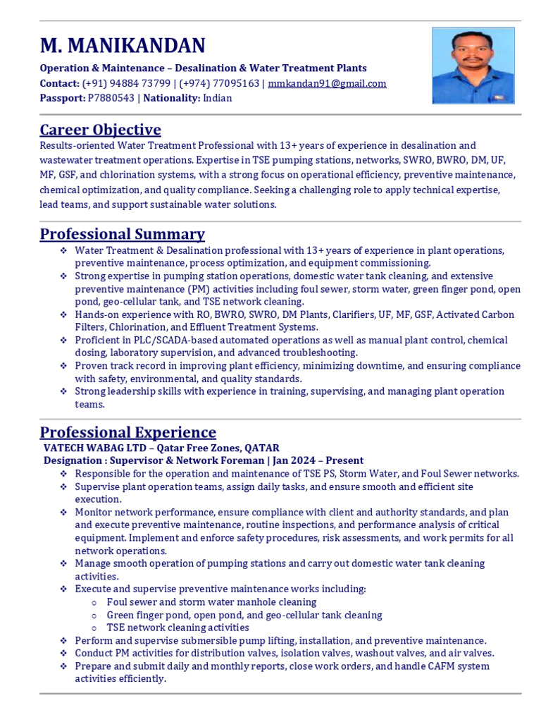 Manikandan Madasamy CV | PDF | Sewage Treatment | Desalination