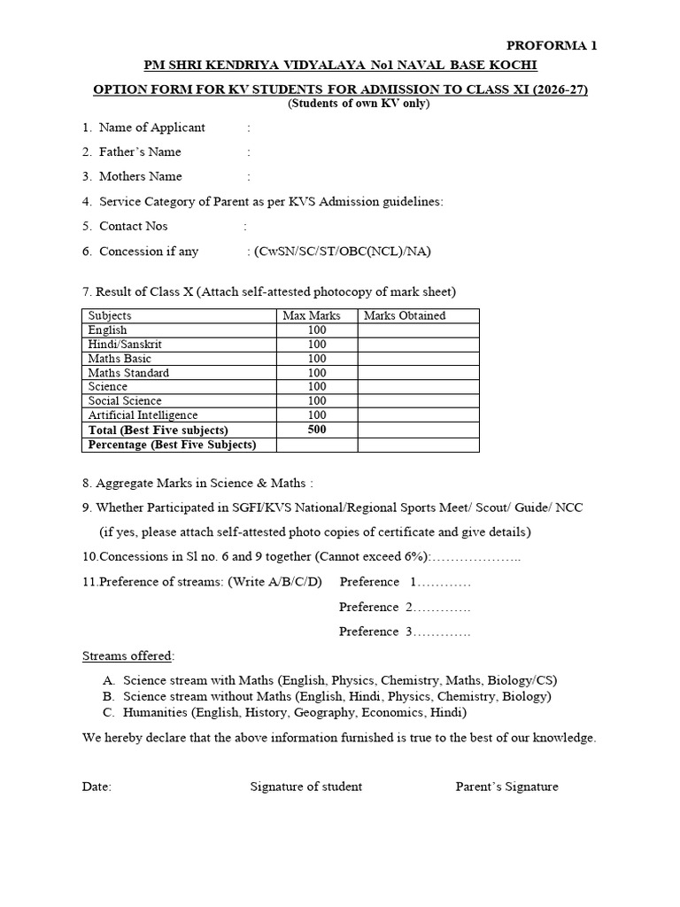 Option Form - Class Xi - 2026-27 (Own KV) | PDF