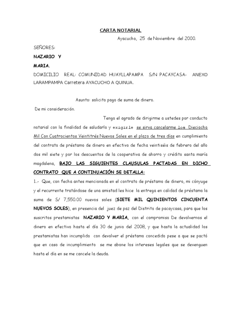 Carta Notarial - Suma de Dinero