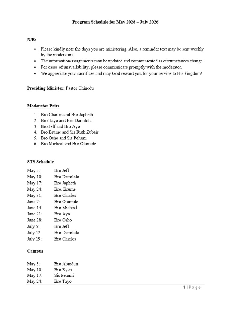 Program Schedule For May - July 2026 | PDF | Protestantism | Protestant ...