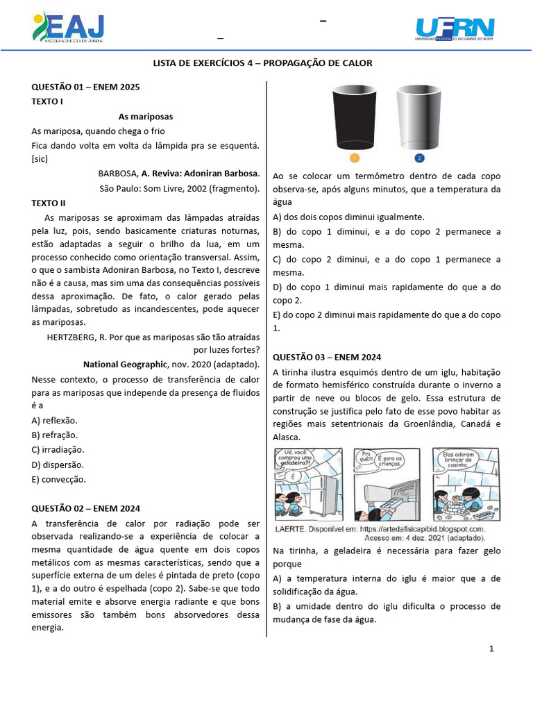 Lista de Exerccios 4 Propagao de Calor | PDF | Calor | Temperatura