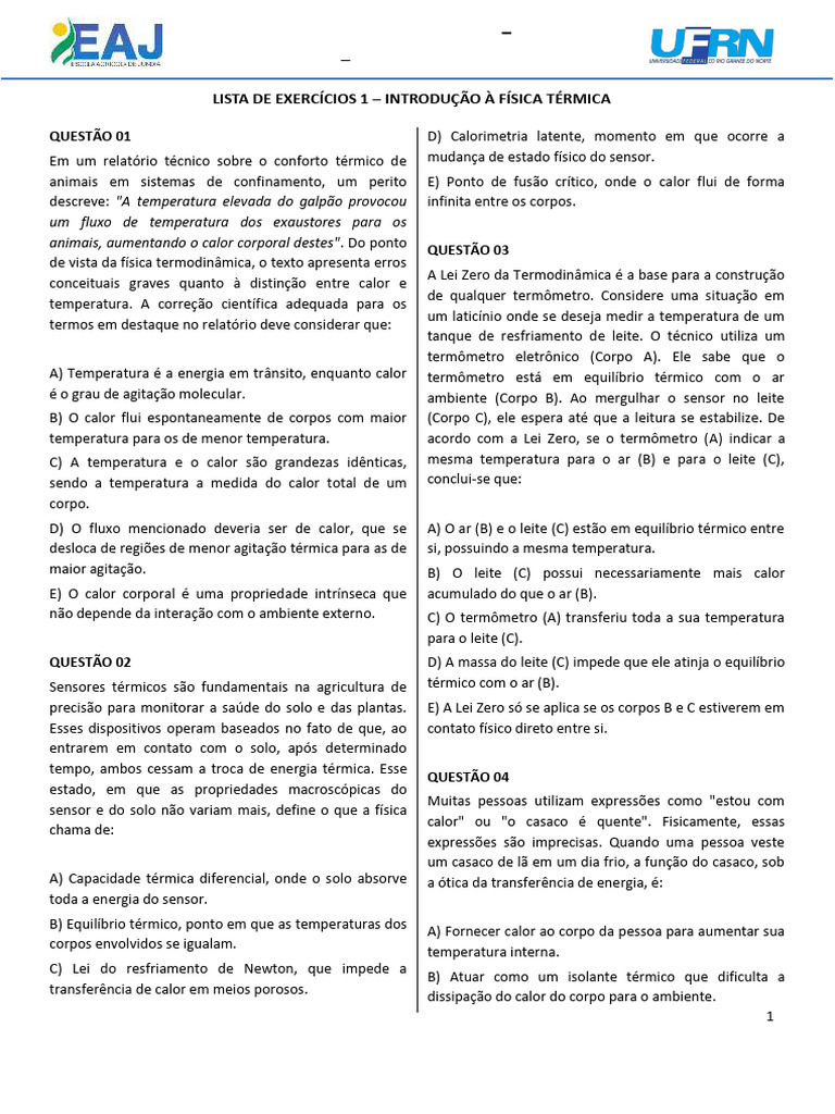 Lista de Exerccios 1 Introduo Fsica Trmica | PDF | Temperatura | Calor