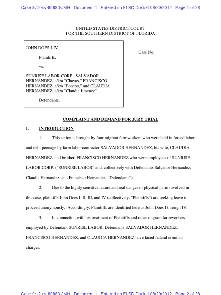 Complaint and Demand For Jury Trial I | PDF | Punitive Damages | Farmworker